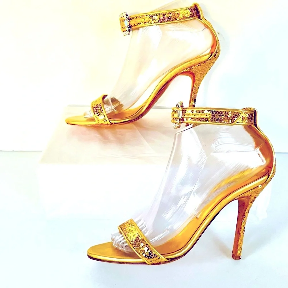 Manolo Blahnik gold sequin heels with crystal buckle 38